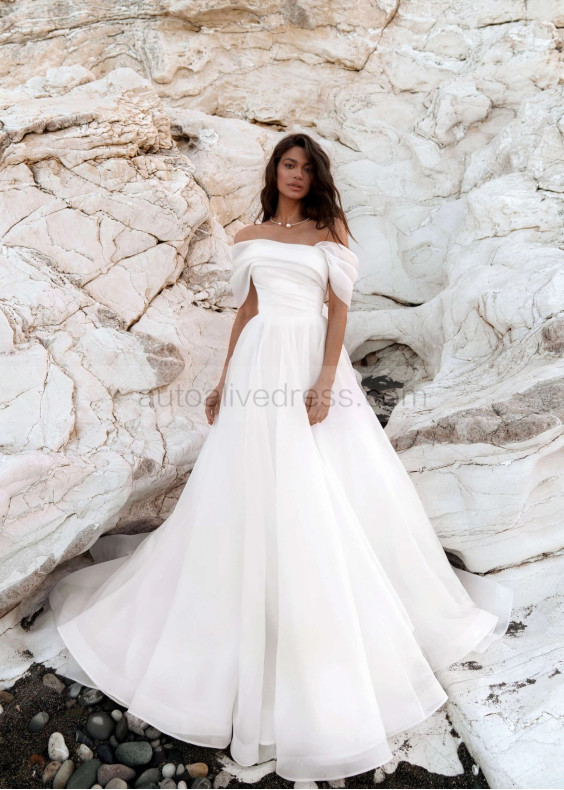 Off Shoulder White Organza Pleated Stunning Wedding Dress